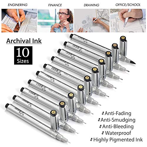 Precision Micro-Line Pens, Fineliner, Multiliner, Waterproof Archival ink, Artist Illustration, Anime, Sketching, Technical Drawing, Office Documents & Scrapbooking, Manga Pens Writing, 10/Set(Black)