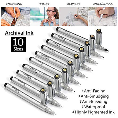 Precision Micro-Line Pens, Fineliner, Multiliner, Waterproof Archival ink, Artist Illustration, Anime, Sketching, Technical Drawing, Office Documents & Scrapbooking, Manga Pens Writing, 10/Set(Black)