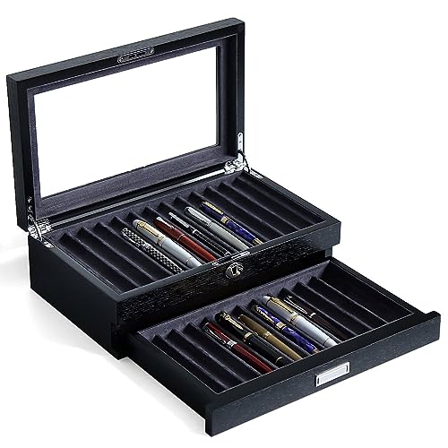 Wood Pen Storage Organizer with 24 Slots, Display Box for Men Gifts, Glass Window Finish, Dark Gray Velvet - color: black 24 slots, gray velvet