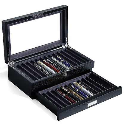 Wood Pen Storage Organizer with 24 Slots, Display Box for Men Gifts, Glass Window Finish, Dark Gray Velvet - color: black 24 slots, gray velvet