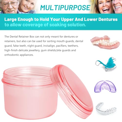 Leak Proof Denture Cups Bath, Dishwasher safe, Denture Case for Soaking Full & Partial Dentures, Retainers, with Hard Denture Cleaner Brush & Denture Brush Cover (Transparent Rouge) - color: transparent rouge