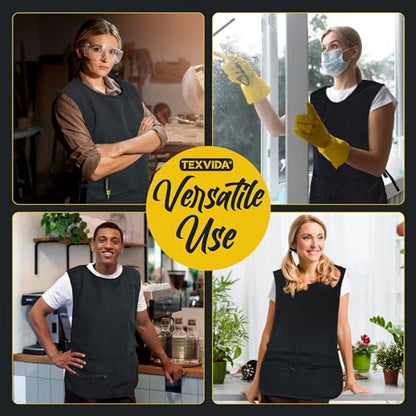 5 Pockets Cobbler Aprons for Women Men (Pack of 2) – Zipper Pocket Smock Apron - color: Black, size: Standard