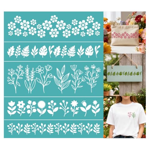 2 Pcs Spring Flower Silk Screen Stencil, Leaf Border Self-Adhesive Reusable Silk Screen Printing Stencils Templates for Painting on Wood, T-Shirt, Fabric, Wall, Home Craft Decor - style: Spring Flower
