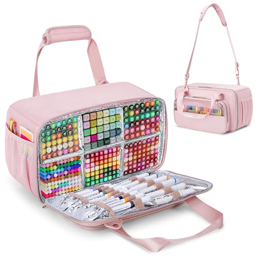 Marker Organizer Case Holding up to 216 Markers, Marker Storage Carrying Bag, Large Marker Holder with Shoulder Strap, Pink - color: Pink