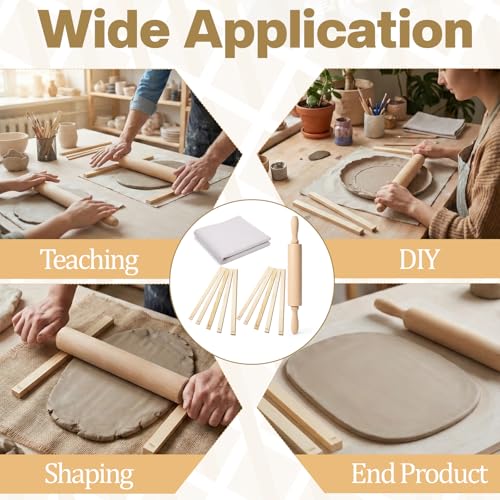 IMengjbang 12 Pcs Pottery Tools Set, Wooden Clay Rolling Pin with 5 Size Thickness Guides, Linen Tablecloth for Ceramic Pottery Making, Clay Roller for Crafts