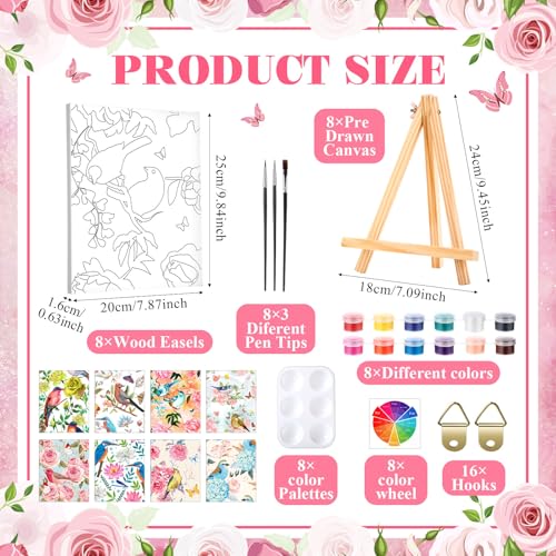 8 Sets 8" x 10" Flower and Bird Pre Drawn Canvas for Painting for Sip and Paint Party Predrawn Coloring Set Pre Sketched Canvas Boards with Paints and Brushes for Adult - style: Flower and Bird