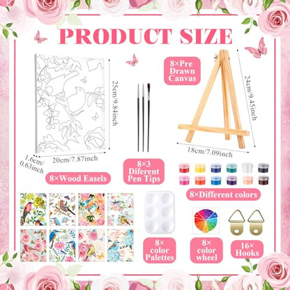 8 Sets 8" x 10" Flower and Bird Pre Drawn Canvas for Painting for Sip and Paint Party Predrawn Coloring Set Pre Sketched Canvas Boards with Paints and Brushes for Adult - style: Flower and Bird