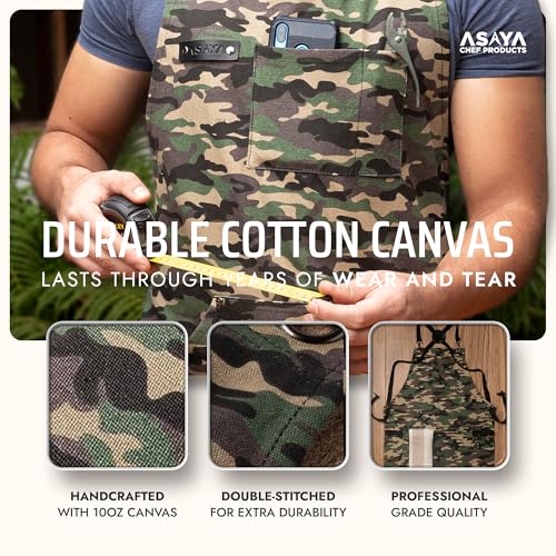 Asaya Chef and BBQ Apron with Bottle Opener and Hand Towel - 10oz Cotton Canvas, Stainless Steel Hardware - Cross Back Straps - color: Green Camo