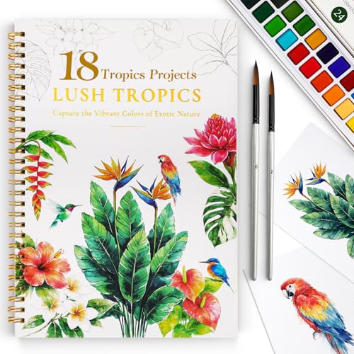 Watercolor Workbook for Beginners,18 Rich Tropics Exotic Rainforest Water Coloring Book,Relaxing & Easy to Paint Water Coloring Book with 24 Colors-Perfect for Gifting to Creativity & Joy for Adults - size: Tropics Theme