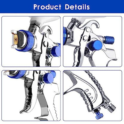 HVLP Paint Gun with 1.4/1.7/2.0mm Nozzles,Air Spray Paint Gun w/10pcs 20 Ounce Mixing Cup and Lids & Air Pressure Gauge for Car Painting,Furniture Surface Spraying (Blue) - color: Blue