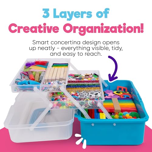 Blue Squid Arts & Crafts Box (Blue)- 2800+ pcs Deluxe Craft Supplies Box, 2 Drawers, 18 Compartments, Sturdy Handle - Art Crafting Kit Birthday Gifts for Kids, School Supply for Ages 4-12 - color: Blue