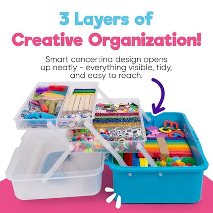 Blue Squid Arts & Crafts Box (Blue)- 2800+ pcs Deluxe Craft Supplies Box, 2 Drawers, 18 Compartments, Sturdy Handle - Art Crafting Kit Birthday Gifts for Kids, School Supply for Ages 4-12 - color: Blue