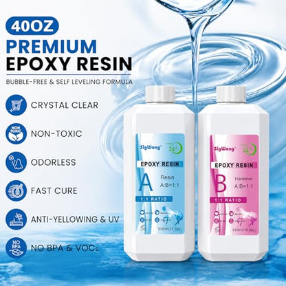 SigWong Epoxy Resin 40OZ - Crystal Clear Coating Kit, Easy Mix 1:1 Ratio, Bubble Free & Anti-Yellowing, Self Leveling, 2 Part Casting Epoxy Resin for Art Crafts, Jewelry Making, River Tables - size: 40OZ