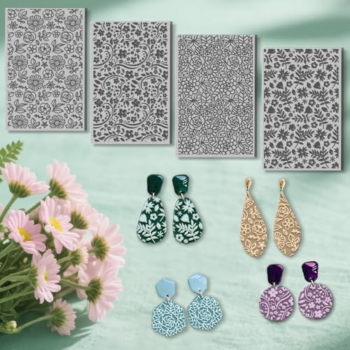 4 Sheets Flowers Pattern Polymer Clay Texture Sheet Leaves Patterns Rubber Texture Mat for Polymer Clay Making Earrings Jewelry DIY Crafts 4 × 2.5 Inch - style: Flowers Pattern