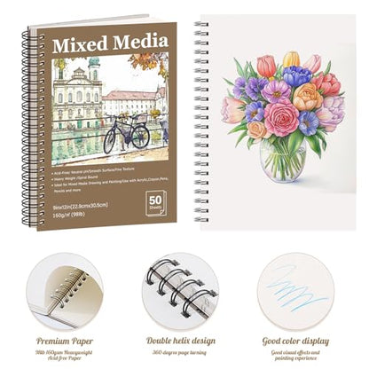 4 Pack Mixed Media Sketchbook, 9x12 inches Drawing Paper Sketch Book, 98lb/160gsm Heavyweight Spiral Bound Sketch Pads, Suitable for Arist, Drawing, Painting, Sketching(200 Sheets) - color: landscape, size: 9 x 12 inch (4 pack)