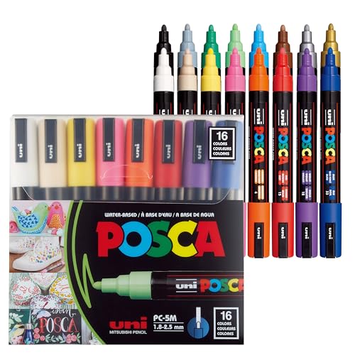 Uni Posca Paint Marker PC-5M Medium Bullet Standard Colors Set of 16 - size: 1 Count (Pack of 1), style: Round Tip