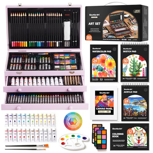 Shuttle Art Deluxe Gift Art Kit, 202-Piece Wooden Art Supplies Set with 4 Drawing Pads, Canvases, Coloring Sheets, Acrylic Paint, Crayons, Oil Pastels, Colored Pencils for Kids - color: Purple, size: 202 Piece Set
