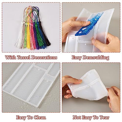 Craftdady 2Pcs Resin Bookmark Mold Rectangle Oval Flag Silicone Resin Molds with 20Pcs Bookmark Tassels 10 Colors for Epoxy Resin Casting - color: Transparent, Bookmarks