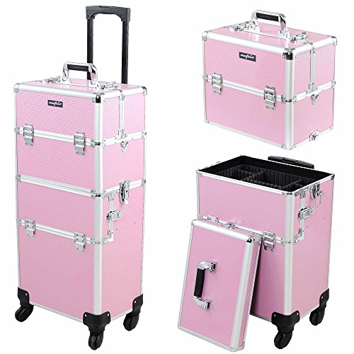 mefeir 2 in 1 Rolling Makeup Train Case, Makeup Travel Organizer Cosmetology Case, Aluminum Cosmetic Display Suitcase on Wheels, Beauty Storage Luggage Lockable w/4 Removable Wheels (Pink) - color: 2IN1 Pink