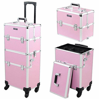 mefeir 2 in 1 Rolling Makeup Train Case, Makeup Travel Organizer Cosmetology Case, Aluminum Cosmetic Display Suitcase on Wheels, Beauty Storage Luggage Lockable w/4 Removable Wheels (Pink) - color: 2IN1 Pink