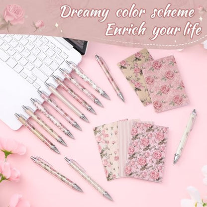 Motiskyy 24 Pcs Vintage Rose Pink Floral Pens Flower Ballpoint Pens Flower Notepads Set Design Line Notebook Employee Gifts Set for Student School Office Supplies, Back to School Gift - style: Pink