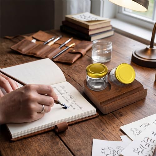 3 Pcs Wooden Tilting Calligraphy Pen Holder with 2 Empty Glass Ink Bottle 4 Inch Calligraphy Oblique Nib Holder Stand Base with Dual Slot Design Desktop Tabel Decoration for Dip Pen