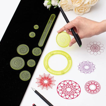 Chivao Spiral Art Kit Circle Stencils Drawing Tool Gear Geometric Ruler Circle Template Drawing Kit Plastic Spiral Curve Stencils with Pens Paper for Back to School Gifts DIY Crafts Sketch(Vivid) - style: Vivid