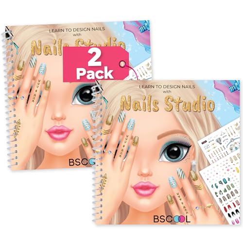 BSCOOL Nails Studio Learn to Design Nails Activity Book for Girls Ages 5+ – 2 Pack – Nail Art Sticker Design Book with Guides – Creative Birthday Gift for Kids - color: 2 PCS Nail Design Studio