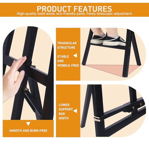 Adjustable Black Wooden Painting Easel for Adults/Students/Beginners, Foldable Art Easel for Canvas Up to 41", Heavy-Duty Pine Wood Easel for Painting, Drawing, Display, Wedding Sign & Poster - color: Black