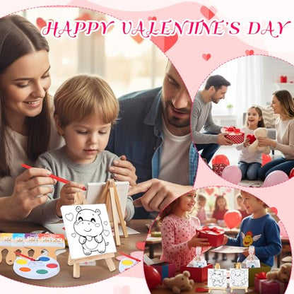 Skyygemm 24 Sets Valentines Day Gifts for Kids Valentines Cards Mini Painting Canvas Panel with Wooden Easel Watercolor Paints Brush Kit for School Classroom Exchange Gifts(Animal) - style: Animal