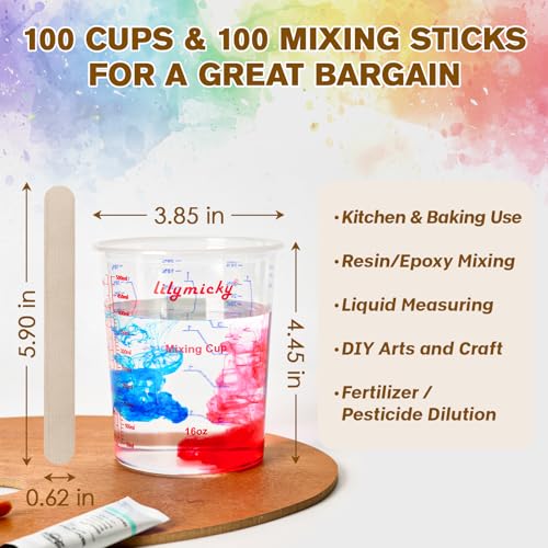Lilymicky 16 oz Plastic Mixing Cups, 100 Pack 16 oz (500ml) Disposable Measuring Cups with 100 Wooden Mixing Sticks, Can Be Used for Epoxy Resin, Liquid Measuring, Paint, Cooking and Baking