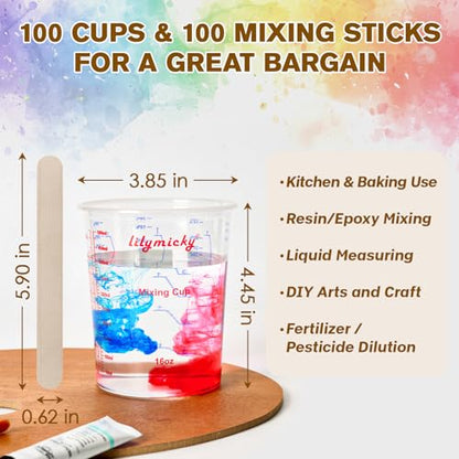 Lilymicky 16 oz Plastic Mixing Cups, 100 Pack 16 oz (500ml) Disposable Measuring Cups with 100 Wooden Mixing Sticks, Can Be Used for Epoxy Resin, Liquid Measuring, Paint, Cooking and Baking