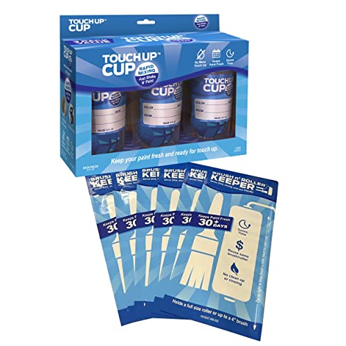 Touch Up Cup Paint Storage Containers and Roller Paint Brush Bag, 3 Plastic Painting Cups with Lids, 6 Bags, As Seen On Shark Tank Products