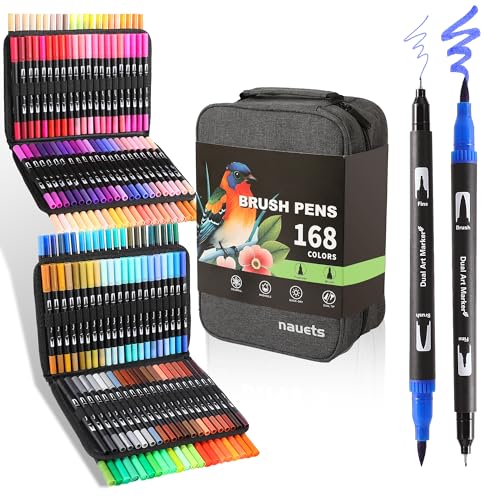 nauets 168 Colors Brush & Fine Dual Tip Watercolor Markers Set Coloring Books No Bleeding Paint Pens For Drawing Note taking Planner Calligraphy Journaling Card Making Art Supplies - style: 168 Color Markers