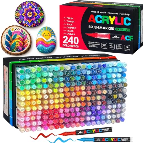 240 Colors Soft Brush Tip Acrylic Markers Set, Paint Pens for Rock, Wood, Fabric, Canvas, Glass, DIY Crafts, Waterproof Paint Markers, Vibrant Acrylic Pens for Artists and Art Projects - style: 240 colors