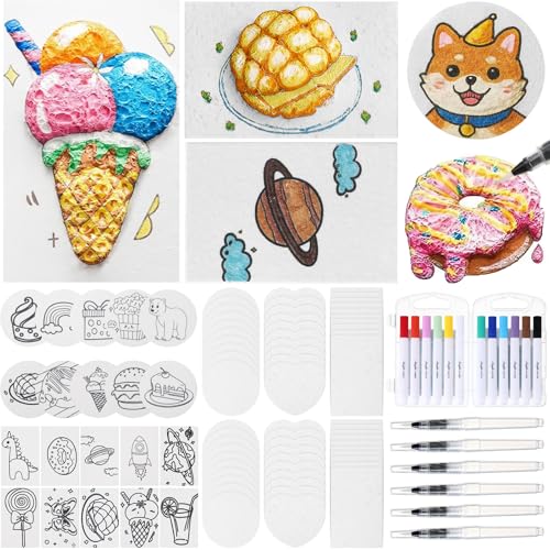 Humyoun 68 Pcs Magic Foam Texture Painting Kit Magic Puffy Paint Include 12 Colors Acrylic Markers Pen and 6 Water Brush for DIY Painting Art Craft Party Supplies