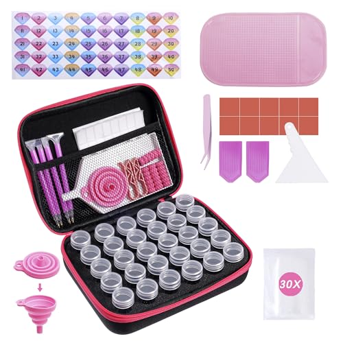 LYMUSUMI 30 Slots Diamond Art Storage Containers for Adults Portable Bead Storage Boxes for Diamond Painting Accessories and Tools（Rose Red） - color: Rose red