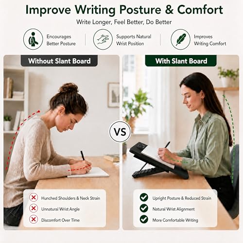 Slant Board for Writing, Adjustable Bamboo Writing Board with 6 Angles, Non-Slip Pads and Carrying Bag, Foldable Slanted Clipboard Easel for Handwriting, Reading, Drawing, Homework and Study Black - color: Black