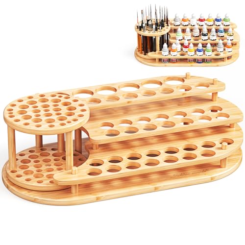 golden maple Bamboo Paint Organizer & Brush Holder 2-in-1, 3-Tier | 42 Paint Bottle Holes, 39 Paint Brush Slots, Desktop Storage Rack, For Miniature Model Painting & Art Crafts