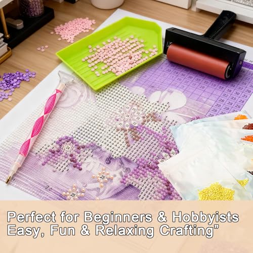 AZY 45PCS Diamond Painting Tools Kit – Diamond Art Accessories Set with Diamond Pens, 20 Storage Bags, Trays, Roller, Pink Non-Slip Mat & Essential Diamond Painting Tools for Beginners & Adults