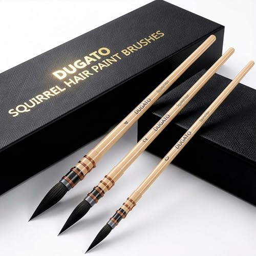 DUGATO Squirrel Hair Watercolor Paint Brushes, Mop Round Tip Brush, 3-Piece | 100% Real Squirrel Hair, Fine Point with High Water Retention, Birch Wood Handle, Ideal for Washes & Blending - color: 3 Brushes