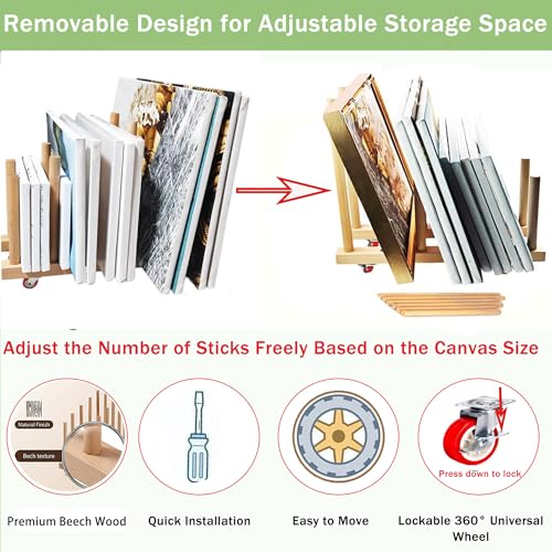 Artwork Storage Rack with Brake Caster Wheels,Art Drying Rack, Canvas Storage Rack,Wood Storage Stand for Drawing Board, Prints, Perfect for Studios,Galleries, Museums, Art Venues (12in)