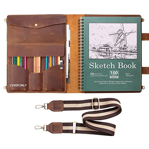 Robrasim Handmade Leather Sketchbook Cover, Artist Sketch Pad Holder for 9"X12" Sketchbook, Drawing Book and Pencil Case, Journal Notebook Portfolio with Shoulder Strap, Artist Gifts, Brown - color: Brown, size: 9" x 12"