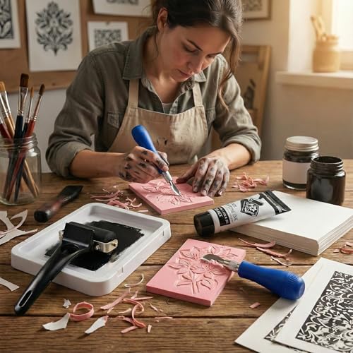 Falling in Art Linocut Kit for Printmaking, Rubber Block Stamp Printing Kit with Linoleum Blocks, Ink Paint and Brayer, DIY Carving Gift for Beginners and Artists - size: 34 Pcs
