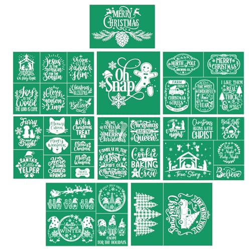 9PCS Merry Christmas Self-Adhesive Silk Screen Stencils,HO HO HO Screen Printing Stencils for Craft Xmas Chalk Paste Stencil Transfers Winter Reusable Stencils for Painting on Windows Fabric Flag - color: 9PCS Christmas Stencils