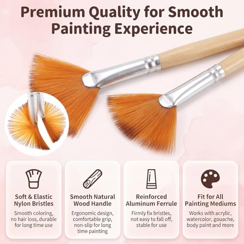 5 Pcs Fan Brush for Painting, Artist Fan Paint Brushes Set Anti-Shedding Acrylic Paint Brushes Long Wood Handle Painting Brush for Acrylic Oil Watercolor Gouche