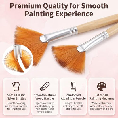 5 Pcs Fan Brush for Painting, Artist Fan Paint Brushes Set Anti-Shedding Acrylic Paint Brushes Long Wood Handle Painting Brush for Acrylic Oil Watercolor Gouche