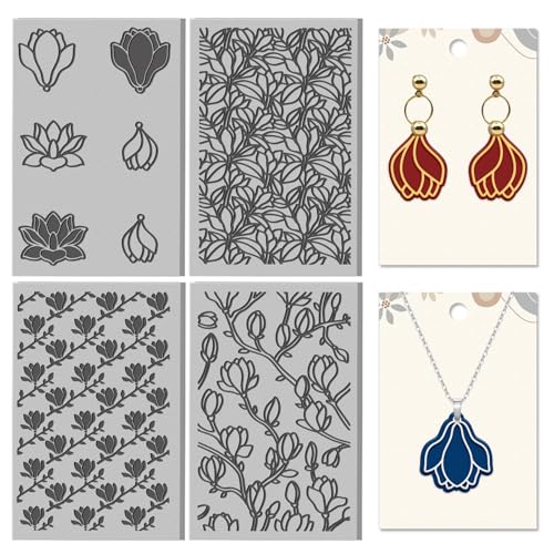 4 Sheets Magnolias Flowers Pattern Polymer Clay Texture Sheet Plants Pattern Rubber Clay Texture Mat for Polymer Clay Making Earrings Jewelry DIY Crafts 4 × 2.5 Inch - style: Magnolias Flowers