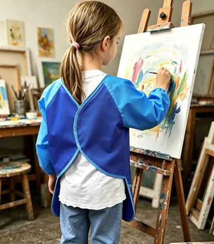 2 Pack Kids Art Smock Waterproof with Long Sleeve and 3 Roomy Pockets Artist Children Aprons for Toddlers Age 3-8 Painting Crafts（Blue） - color: 2 Pack Blue