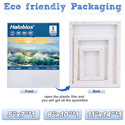 Halobios Stretched Canvases for Painting with 11x14 Inch, 5x7 Inch, 8x10, Painting Canvas for Acrylics,Oils & Other Painting Media, 5/8 Inch Profile 100% Cotton Artist Framed Canvas(3 Packs) - size: 3 Pack Mixed - 11×14IN 8×10IN 5×7IN